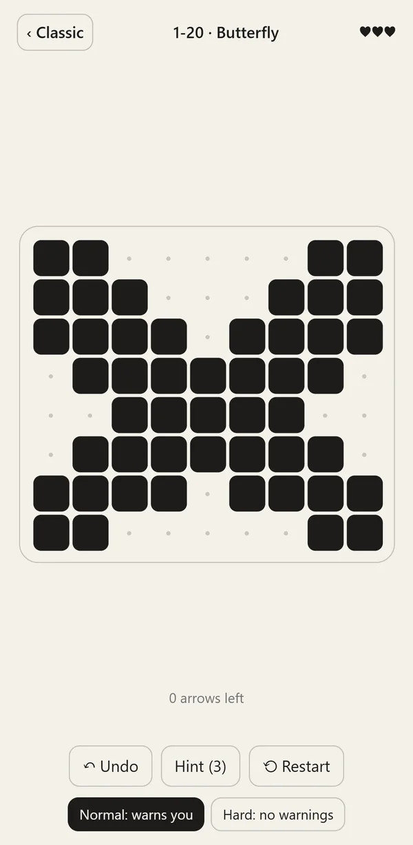 A finished level showing the butterfly picture